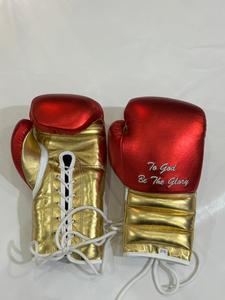 Gants de boxe en cuir PU rouge et or avec logo personnalisé, mitaines d'entraînement à lacets, équipement de combat professionnel - Product Image 2