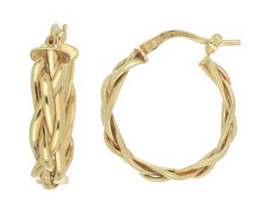 Pendientes de Aro Estilo Trenzado de Alta Calidad al por Mayor, Amarillos, Cuatro Tubos, 15mm, Chapados en Oro de 18K, Plata de Ley 925 - Product Image 1