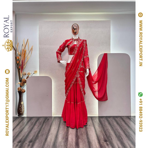 Lanzamiento del exclusivo diseñador Faux Georgette con bordado de volantes fabricante de Sari trabajado por Royal Export en Surat Gujarat - Product Image 5