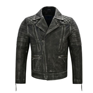 Chaqueta de cuero genuino para hombre con cierre de cremallera de cuello mandarín y forro de lona de poliéster temporada de invierno negra - Product Image 1