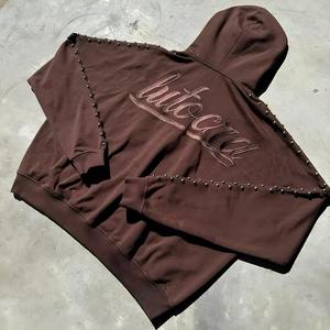 Sudadera con capucha y cremallera con tachuelas de diamantes de imitación de lujo, ropa de calle de gran tamaño personalizada para hombres, forro polar pesado, OEM ODM - Product Image 5