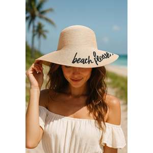 Beach Please Embroidered Beige Straw <b>Hat</b> Hsr2029 - Beige - Product Image 3