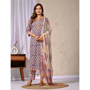 Blue <b>Block</b> <b>Printed</b> Anarkali Kurta Pant Set Indian Ethnic Style with Embroidery Work for Party Wear Made From Net Cotton - Product Image 6