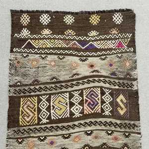 Vintage Turkish Rug, Small 2x3.3 ft (60x100 cm) Rug, <b>Brown</b> Abstract <b>Wool</b> Rug - Product Image 5