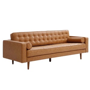 Canapé deux places 06, banc carré capitonné 220x82cm, cuir véritable, coussins marron luxueux, trois places, mobilier de maison - SFB68046 - Product Image 2