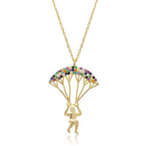 Collar con Colgante de Plata con Diseño de Paracaídas y Piedras de Circonita Cúbica de Colores, Joyería Hecha a Mano al por Mayor - Product Image 3