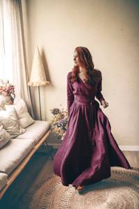 Vestido maxi de peso pesado para mujer, Vestido largo de lino para invitados de boda de talla grande, vestido de lino Morado ciruela con cinturón Obi y bolsillos - Product Image 3