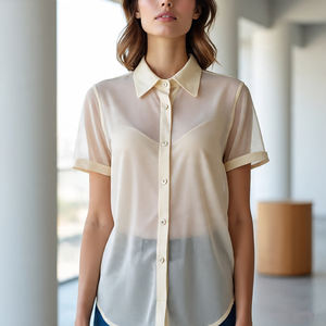 Camisa corta de malla transparente con botones para mujer, camisa transparente de manga larga con cuello vuelto, camisas cortas de malla transparente para mujer - Product Image 2
