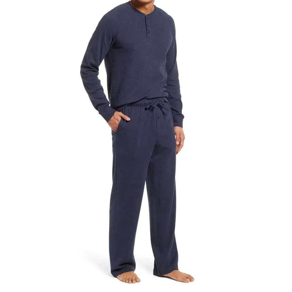 Jogo de pijama masculino confortável, jogo de pijama de algodão orgânico com calças de cordão