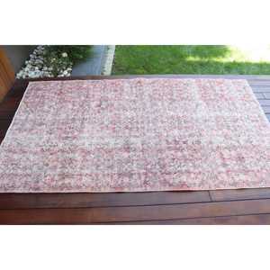 Tapis turc vintage 3,7x6,8 pieds, tapis marocain traditionnel en laine écologique avec design patchwork et envers en latex rose gris - Product Image 3