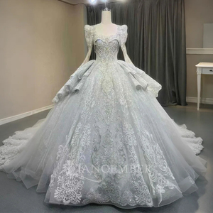 Robe de mariée longue bleue pour femme, modèle OY009, moderne, scintillante, à col carré, broderie florale en dentelle et sequins, avec traîne chapelle - Product Image 1