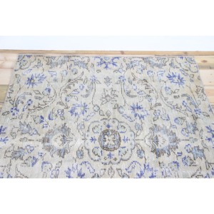 Tapis turc vintage 4x4,4 pieds, tapis bleu à motifs floraux en laine - Product Image 4