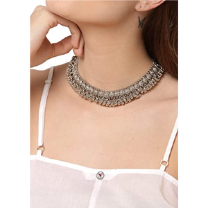 Oxidised Ghungroo <b>Choker</b> Vintage Brass Alloy Snake Chain Classic Religious Christian Party Jewelry with Geometric Diamond Pearl - Product Image 3