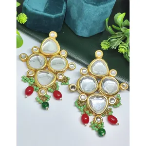 <b>Large</b> Kundan & Red Green <b>Beaded</b> Drop Earrings Fashion Style with Intricate Shape - Product Image 1