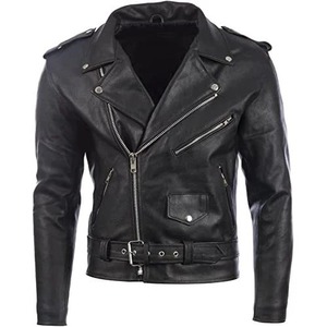 Veste de motard en cuir véritable noir pour homme, style classique de moto avec ceinture à la taille, poches zippées et col à revers - Product Image 3