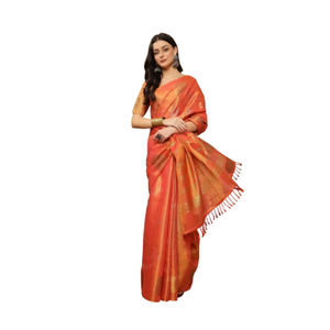 Elegante Sari de seda viscosa de albaricoque Dola con tejido de Zari dorado y Pallu de contraste perfecto para bodas y uso festivo - Product Image 6