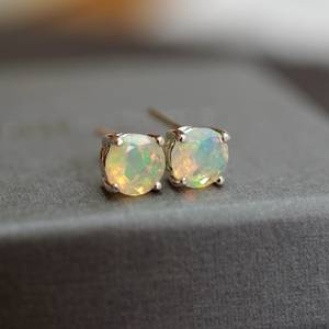 Faceted Ethiopian Welo <b>Opal</b> 6mm Round <b>Stud</b> <b>Earrings</b> 925 Sterling Silver Gemstone Jewelry Gift Boxed Elegant - Product Image 1