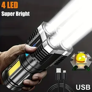 New 4LED Rechargeable Flashlight COB Side Light Long-range Spotlight Battery LED Display Multifunctional Strong Light Flashlight