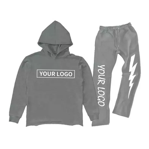 Ensemble de survêtement pour homme en coton 100% deux pièces, sweat-shirt et jogging, logo personnalisé, imprimé gris éclair, pantalon de survêtement décontracté, taille plus, à capuche - Product Image 1