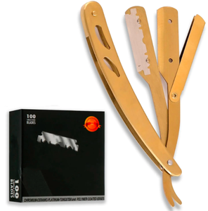 Kit de maquinilla de afeitar de peluquero de acero inoxidable dorado profesional ANAAIF con hoja desechable de borde recto Para una depilación corporal conveniente - Product Image 1