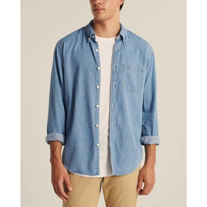 OEM al por mayor hombres Slim Fit lavado camisa de mezclilla de manga larga Stand Collar solapa bolsillos Casual algodón transpirable Jeans camisa uniforme - Product Image 5