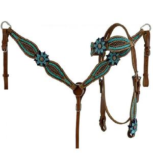 Ensemble de serre-tête en cuir de vachette 3D turquoise léger de qualité supérieure équipement de cheval pour selle occidentale pour la saison - Product Image 2