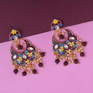 Kriaa Brown Meenakari Kundan Dangler <b>Earrings</b> Gold-Plated <b>Fine</b> <b>Dangle</b> Jewelry-Model 1314202B - Product Image 1