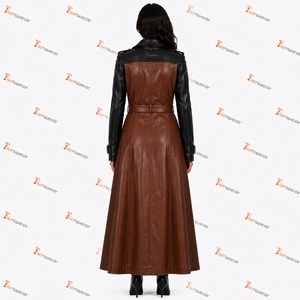 Tiierwear <b>Women's</b> Faux Leather Maxi Trench <b>Coat</b> <b>Double</b> <b>Breasted</b> Notched Collar Full Sleeve Windproof Autumn Outerwear - Product Image 5