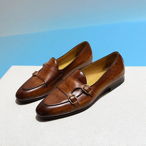 Mocassini Formali da <span class=keywords><strong>Uomo</strong></span> in Vera Pelle di Vacchetta, <span class=keywords><strong>Scarpe</strong></span> in Pelle con Doppia Fibbia Monk Strap, Realizzate a Mano con Processo di Invecchiamento - Product Image 3