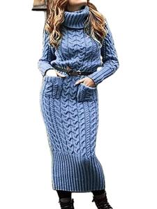 Casual Winter/Autumn Designer Turtleneck Pocket <b>Long</b> Sleeve Breathable Front Logo Ladies Knitted Polyester/Cotton <b>Sweater</b> Dress - Product Image 3