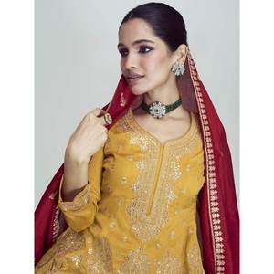 Impresionante Traje Salwar de Seda con Lentejuelas Amarillas para Festivales con Dupatta, Talla XL - Product Image 3