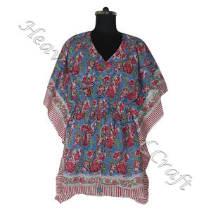 100% algodón Mujer ropa de dormir bloque de mano estampado Kaftan vestido KFCS139 peso ligero mujeres Casual ocasión desgaste corto caftán vestidos - Product Image 6