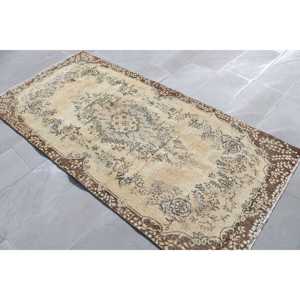 Vintage Rug, 3.6x7.4 ft Area Rug, <b>Brown</b> Solid <b>Wool</b> Turkish Rug - Product Image 2