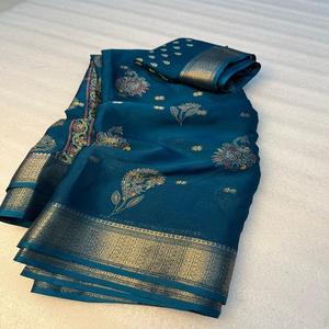 ผ้าส่าหรีผ้าไหมหนาสำหรับผู้หญิงสวยที่มีขอบบุสองสีแบบทอ - Product Image 1