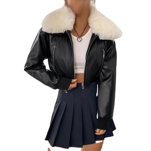 Chaqueta de moto de piel de vaca vintage para mujer, con cuello de pelo largo bordado, cremallera, bolsillos y hombros caídos, ideal para invierno. - Product Image 2