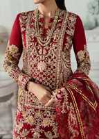 Robe de mariée rouge brodée style lehenga avec traîne, col en V, manches longues, coupe trapèze, longueur ras du sol pour la mariée