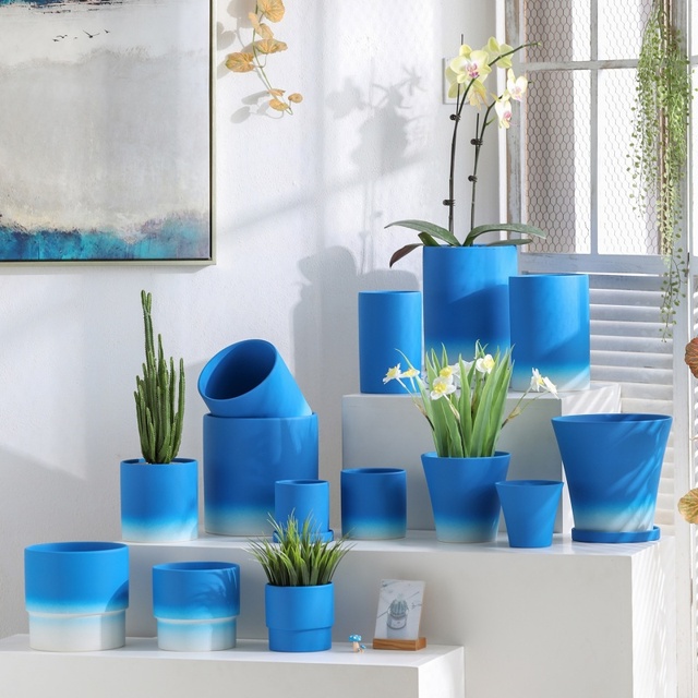 Personalization Simple Style Ceramic Flower Pot ,Klein Blue Gradient Flower Planter for Home Garden Deco