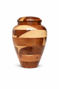 Dark Walnut Wooden Cremation <b>Urn</b> with Gold Leaf Inlay Accents Smooth Hand Polished Finish and Traditional Memorial Shape - Product Image 2