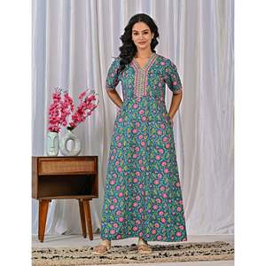Vestido de Dormir 100% Algodón con Estampado Jaal Hecho a Mano, Camisón Suave Tejido con Diseño Floral y Cierre de Botones, Talla 3XL para Damas de Honor - Product Image 5
