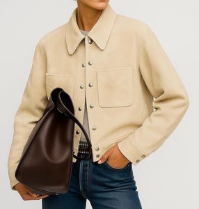 Automne femmes veste en peau de mouton à double boutonnage vert daim uni teint solide motif coupe-vent bouton printemps hiver automne - Product Image 4