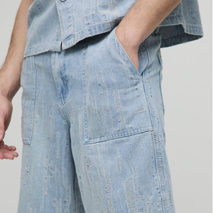 Shorts en jean pour homme en coton mélangé confortable et décontracté, lavage clair, fermeture éclair et bouton, vêtements décontractés, prix d'usine avec logo - Product Image 6