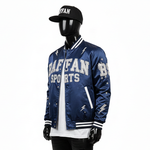 Veste universitaire en satin premium, tissu lisse et brillant, couleur marine, panneaux côtelés, logo brodé en chenille personnalisé, veste pour homme - Product Image 5
