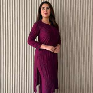 Conjunto de Kurti y Plazo Modal con Bordado de Hilo 3D de Ancla, Estilo Chikankari de Lucknow, Natural, Recto, Veraniego |   Ropa Étnica para Mujer, Tallas 38-46 - Product Image 1