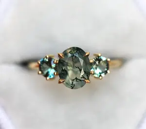 高品質3石結婚指輪モス瑪瑙婚約ジュエリーグリーン宝石リング女性用ホットセールダイヤモンドジュエリー