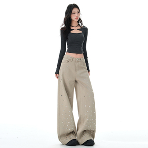 OEM/ODM Wholesale Women's American Vintage Summer Flared Trousers Distressed Embroidered Stretch Comfort Jeans Denim Wide Leg - Product Image 2