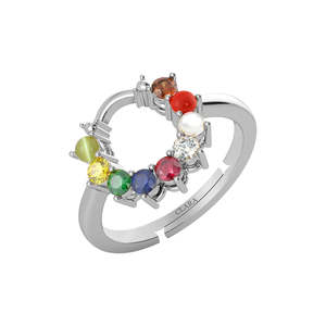 NOVAMART Fine 92.5 Sterling <b>Silver</b> <b>Adjustable</b> <b>Ring</b> with Natural Certified Navratna Stone for Women and Girls Everyday Wear Whole - Product Image 1