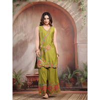 Ensemble de robe pakistanaise pour femmes en vert brodé 3 pièces (Kurta Sharara & Dupatta) en tissu satiné viscose/coton, vêtements ethniques d'été