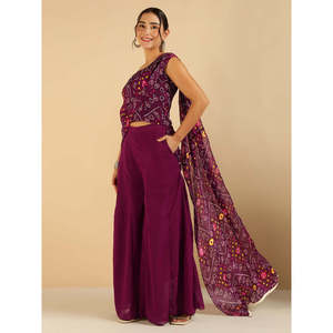 Woven Chiffon Bohemian Spring/Summer Wine Bandhani Strappy <b>Square</b> Neck Breathable Top with Sharara Saree Fusion Women Co-Ord <b>Set</b> - Product Image 3