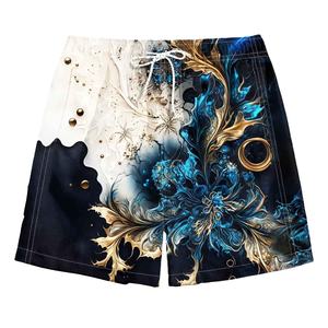 กางเกงขาสั้นชายหาดสุดเท่สำหรับผู้ชาย ลายพิมพ์ดอกไม้สีน้ำเงินและสีทองสุดโดดเด่น เหมาะสำหรับงานปาร์ตี้ริมสระน้ำช่วงวันหยุดฤดูร้อน - Product Image 1