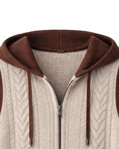 Gilet à capuche en tricot beige marron personnalisé pour homme, fermeture éclair, sans manches, pull en tricot torsadé, laine acrylique d'hiver, décontracté, OEM en gros - Product Image 5